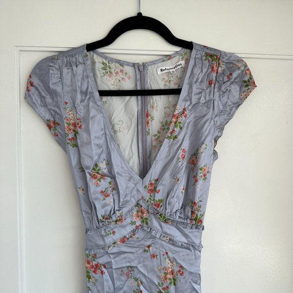Reformation Kaye Silk Midi Dress SZ 4 Melba Floral V-neck Ruffles Cap Sleeves - Picture 5 of 10